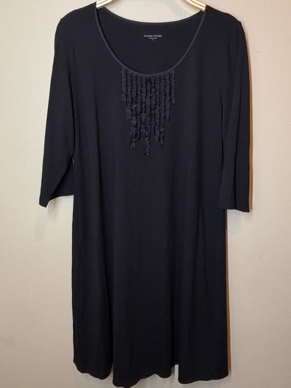 Eileen Fisher Black Long-Sleeve Scoop Neck Dress with Front Fringe, medium